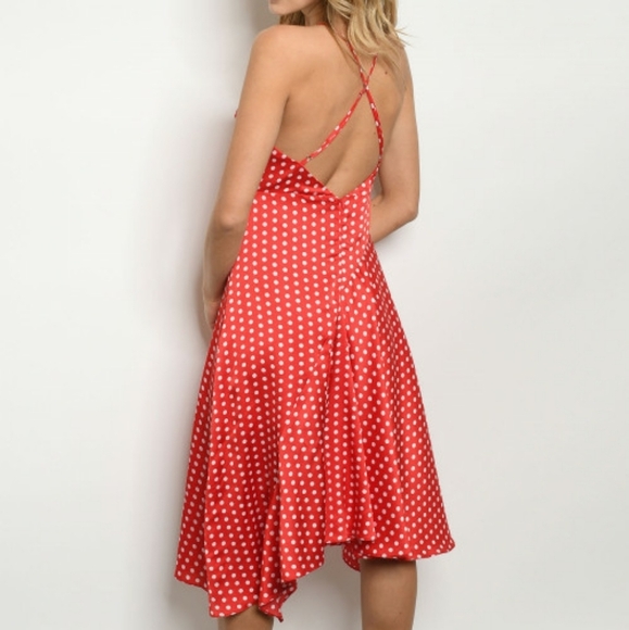INA RED WHITE SKINNY STRAP POLKA DOT MIDI DRESS - Picture 4 of 4